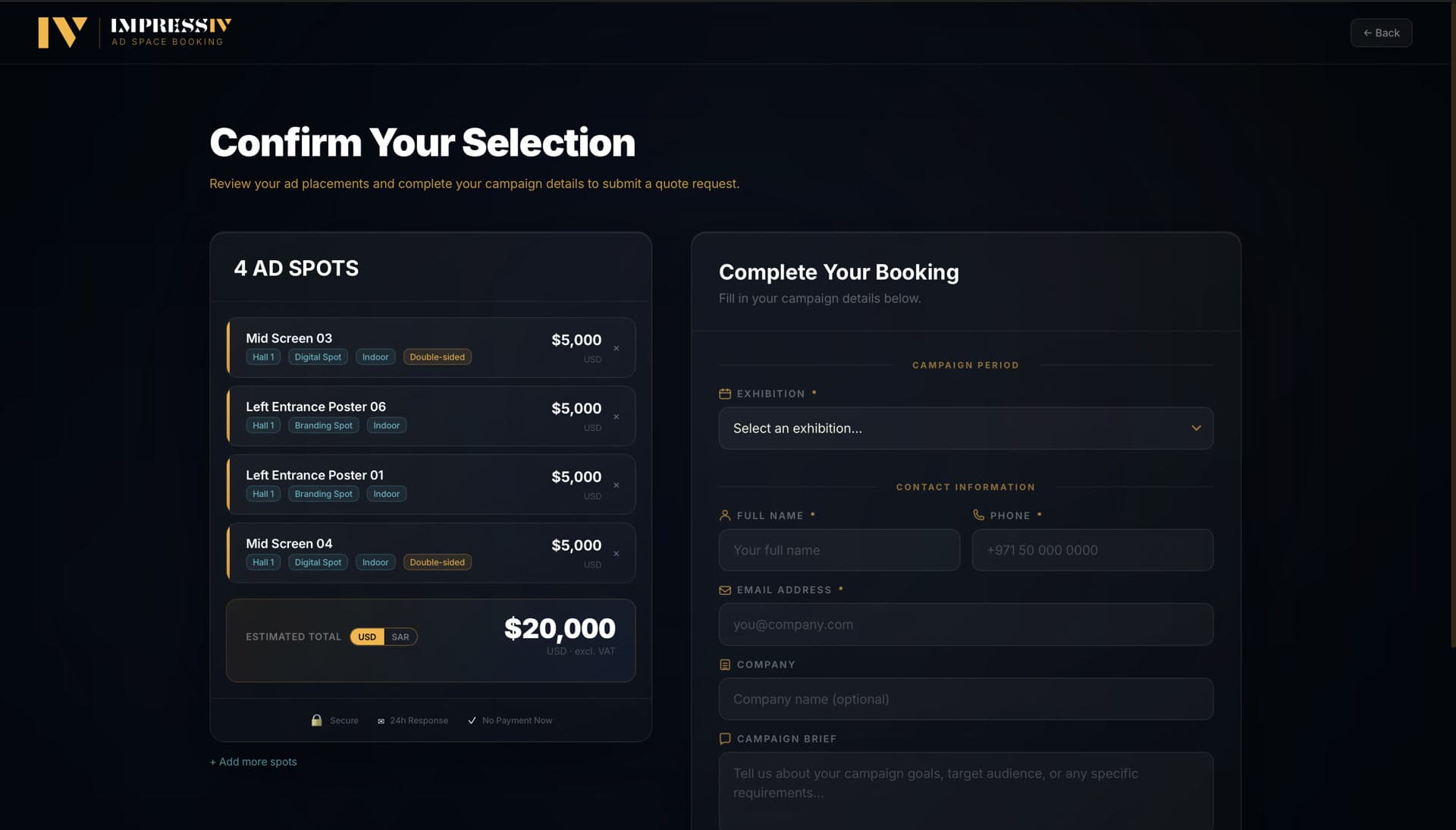 ImpressIV checkout: confirm the selected spots and submit campaign details as a quote request