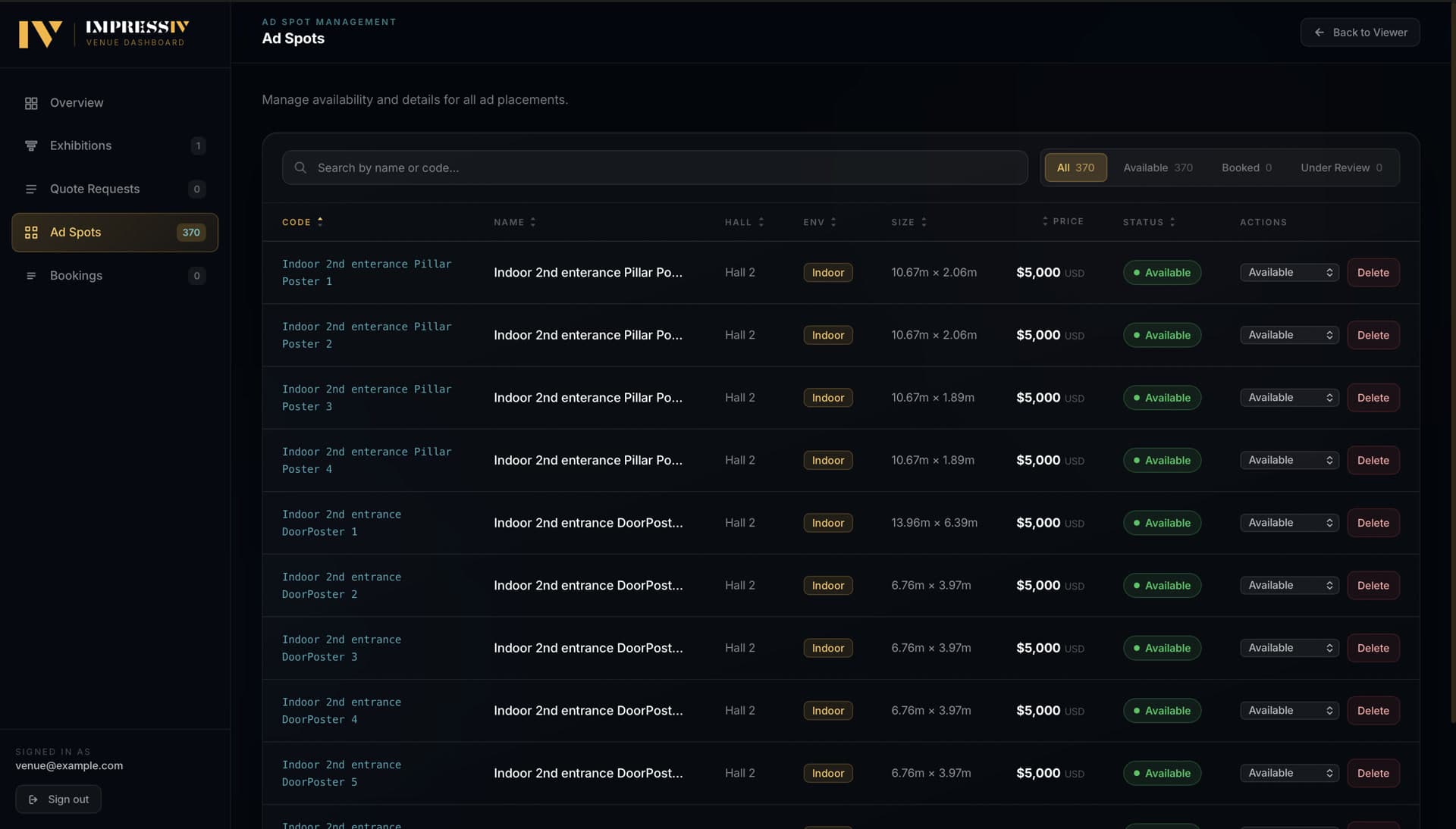 Venue dashboard: all 370 ad spots with hall, size, price, and per-spot availability controls