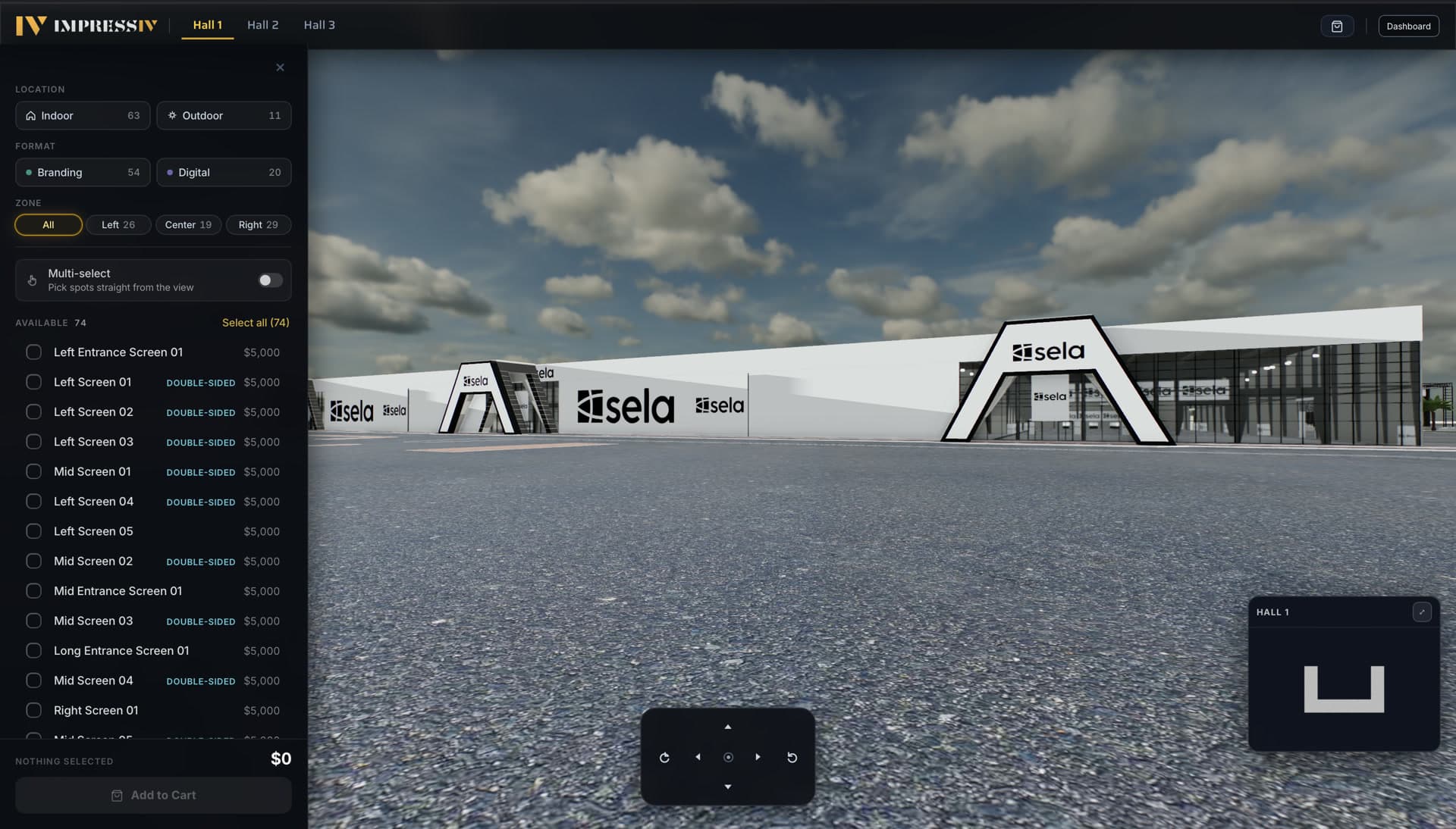 Walking the venue approach in 3D: branded entrance arches with outdoor ad spots listed for booking