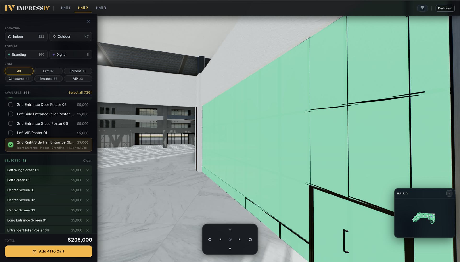 Hall 2 VIP zone: 41 spots selected for a $205,000 campaign, picked wall by wall in 3D