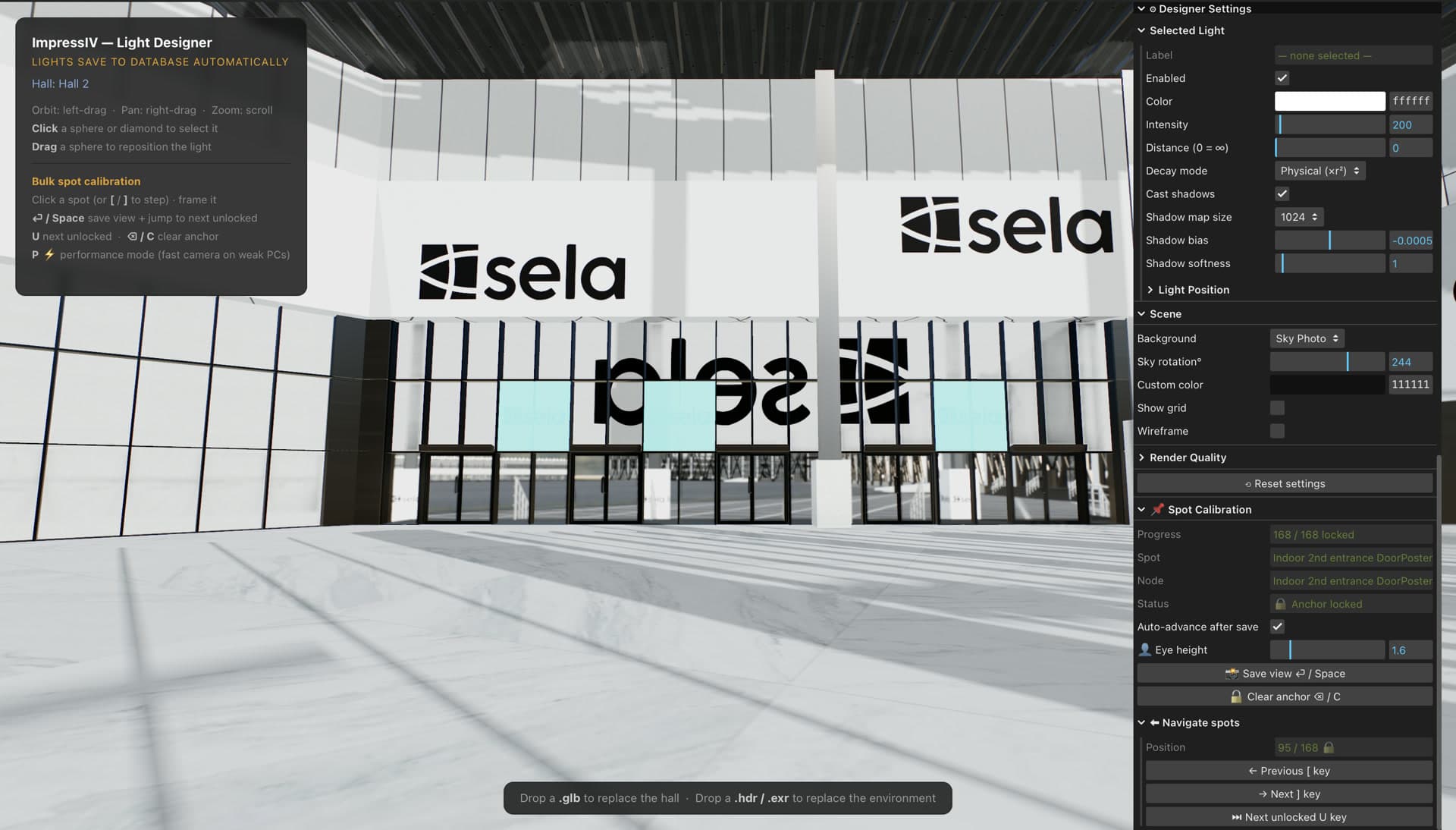 The internal light-designer tool: calibrating lighting and camera anchors for all 168 Hall 2 spots