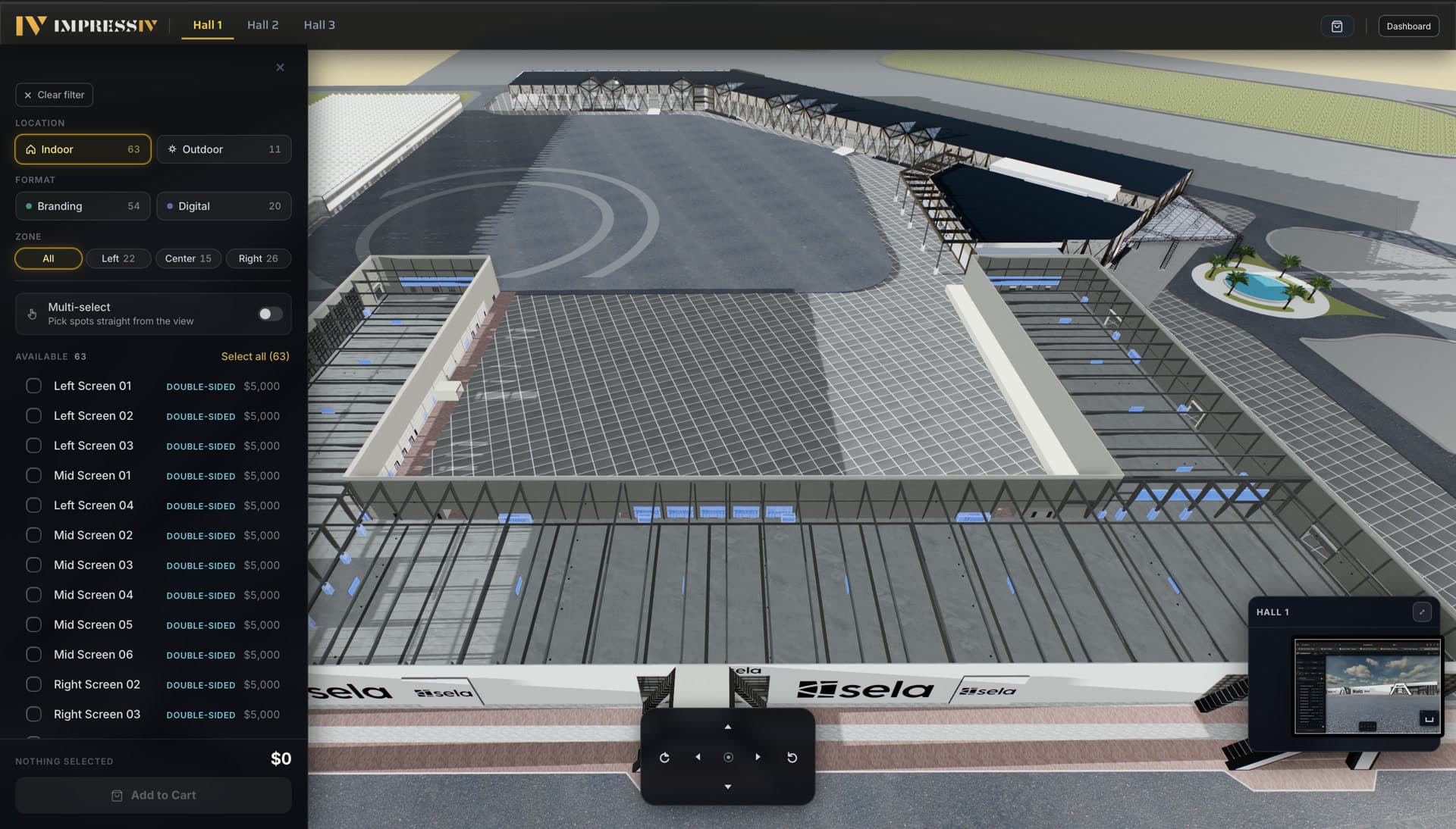 ImpressIV venue viewer: aerial 3D view of the exhibition grounds with the spot picker open