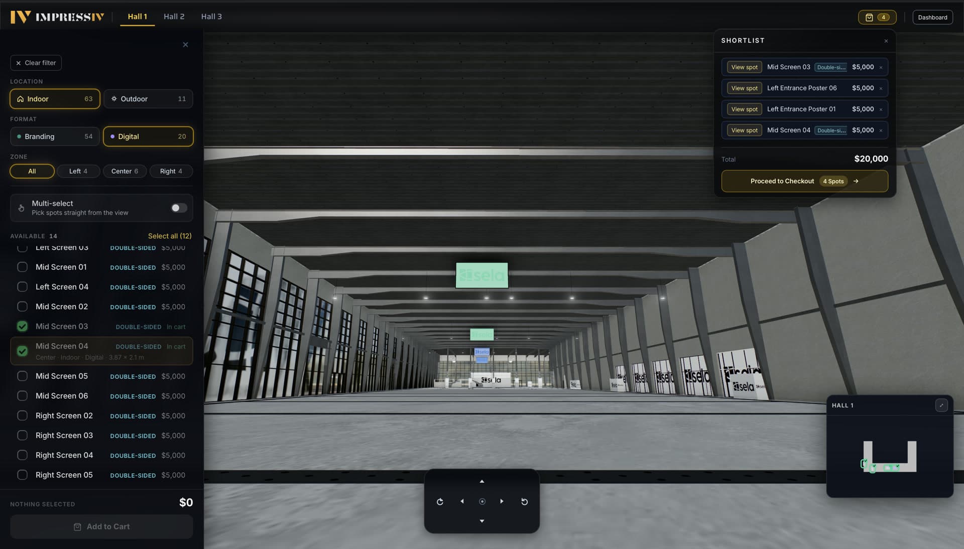 Inside Hall 1: four ad spots shortlisted from the 3D view, $20,000 total, one click from checkout