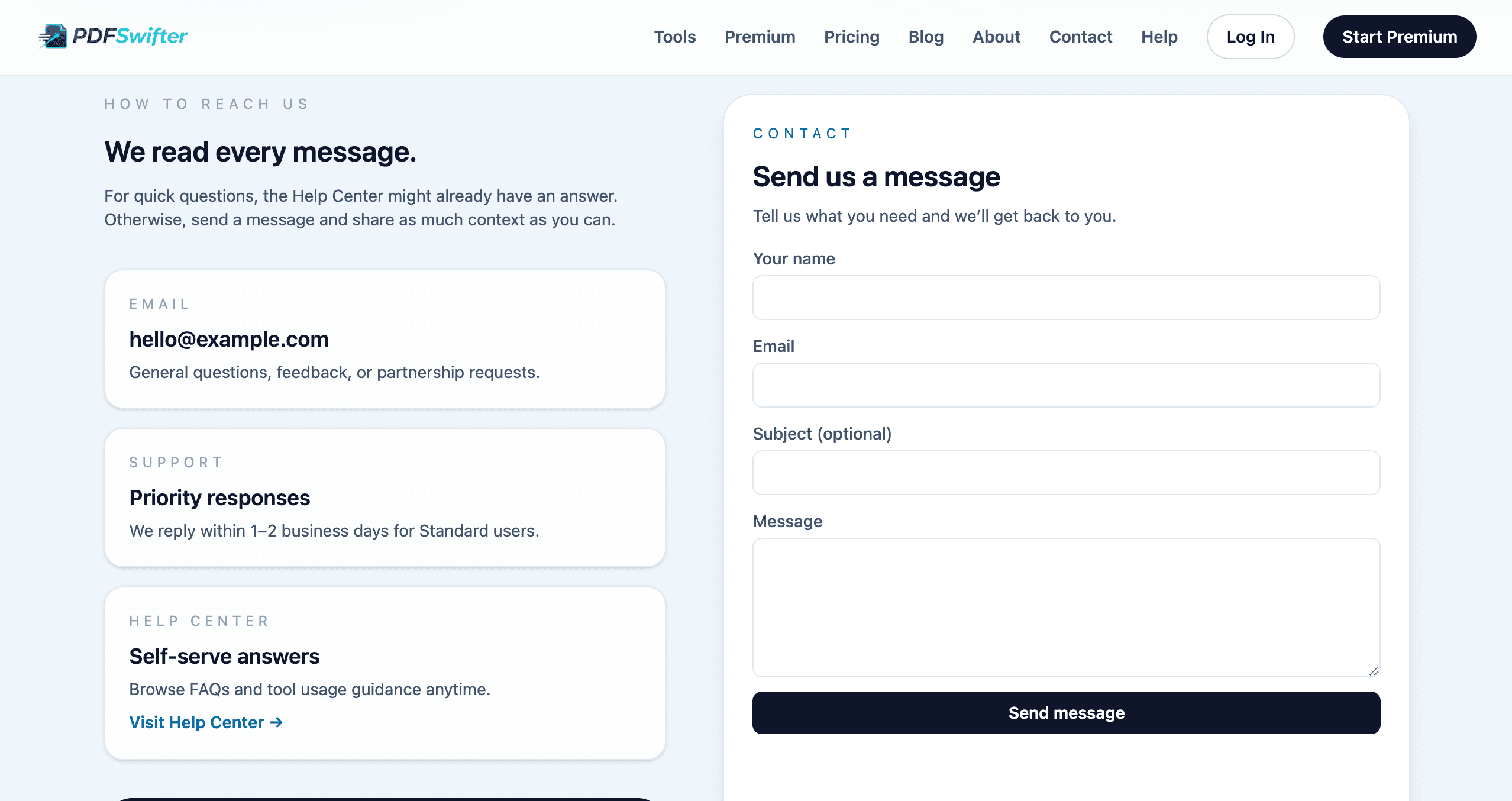 PDFSwifter contact page